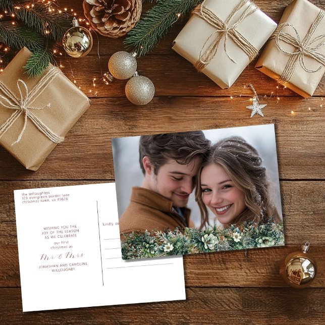 First Christmas as Mr. & Mrs. Elegant Greenery Holiday Postcard (Creator Uploaded)
