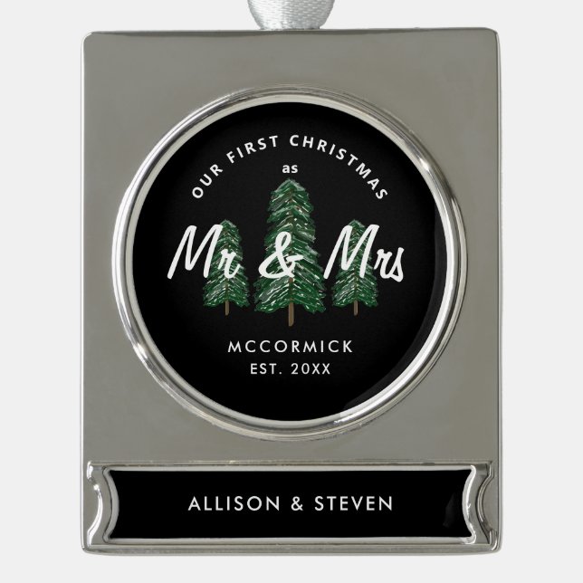 First Christmas As Mr Mrs Elegant Newlyweds Custom Silver Plated Banner Ornament (Front)