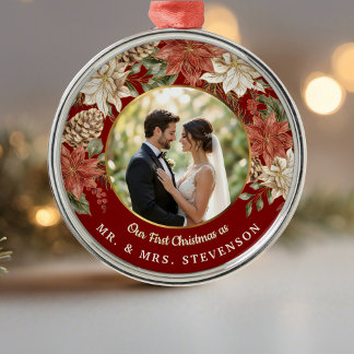 First Christmas as Mr. & Mrs. Floral Photo Metal Tree Decoration