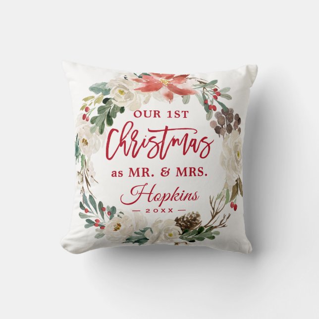 First Christmas as Mr & Mrs Floral Wreath Photo Cushion (Front)