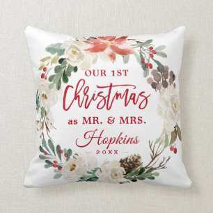First Christmas as Mr & Mrs Floral Wreath Photo Cushion