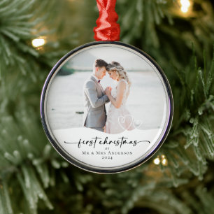 First Christmas as Mr & Mrs Hearts Photo Metal Tree Decoration