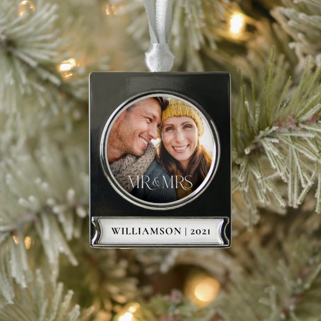 First Christmas As Mr & Mrs Modern Couple Photo Silver Plated Banner Ornament (Tree)