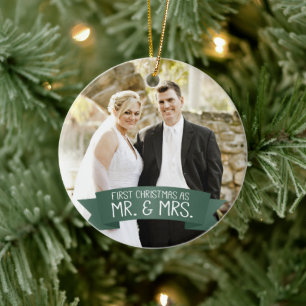 First Christmas as Mr. & Mrs. Photo Dark Green Ceramic Tree Decoration
