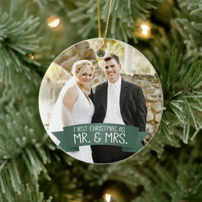 First Christmas as Mr. & Mrs. Photo Dark Green Ceramic Tree Decoration (Tree)