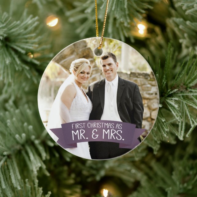 First Christmas as Mr. & Mrs. Photo Dark Purple Ceramic Tree Decoration (Tree)