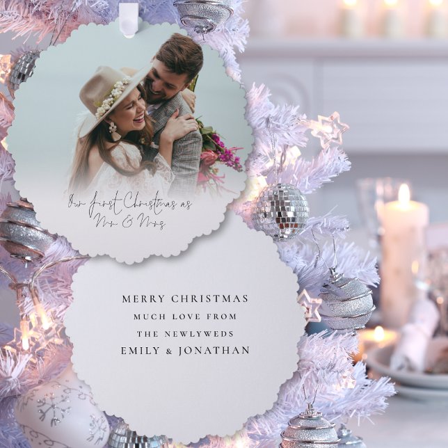 First Christmas as Mr Mrs Photo Overlay Script Tree Decoration Card (Front and back view)