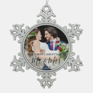 First Christmas As Mr & Mrs Photo Snowflake Pewter Christmas Ornament