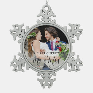 First Christmas As Mr & Mrs Photo Snowflake Pewter Christmas Ornament