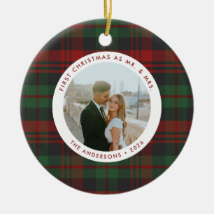 First Christmas as Mr. & Mrs. Plaid Photo Holiday Ceramic Tree Decoration