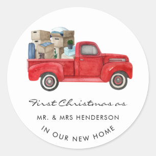First Christmas As Mr Mrs Red Truck Holiday Home Classic Round Sticker