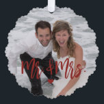 First Christmas as Mr & Mrs script photo name red Tree Decoration Card<br><div class="desc">Modern funny dark red burgundy script first Christmas together as Mr. and Mrs. keepsake tree ornament card template. Easy to personalise on the backside with your text,  names,  and date.</div>