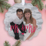 First Christmas as Mr & Mrs script photo name Tree Decoration Card<br><div class="desc">Modern funny pink script first Christmas together as Mr. and Mrs. keepsake tree ornament card template. Easy to personalise on the backside with your text,  names,  and date.</div>