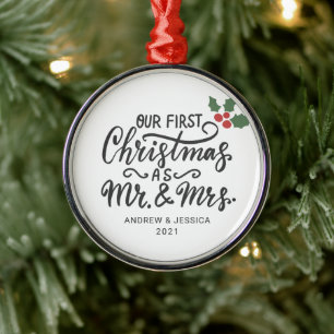 First Christmas as Mr. & Mrs. - Script Wedding Metal Tree Decoration