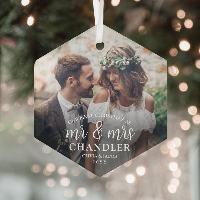 First Christmas as Mr & Mrs ∙ Simple Photo Hexagon Glass Tree Decoration (Creator Uploaded)
