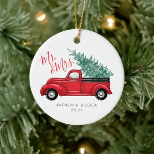 First Christmas as Mr. & Mrs.   Vintage Red Truck  Ceramic Tree Decoration