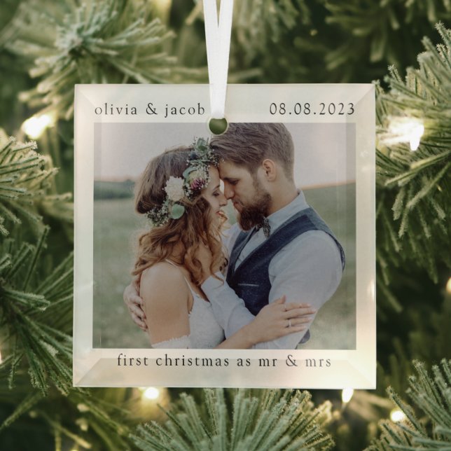 First Christmas as Mr & Mrs Wedding Photo Keepsake Glass Tree Decoration (Insitu)