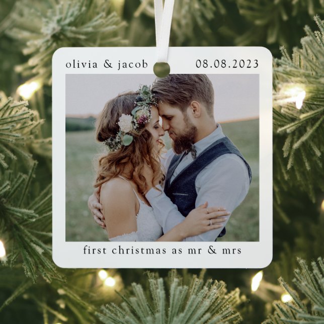 First Christmas as Mr & Mrs Wedding Photo Keepsake Metal Tree Decoration (Insitu)