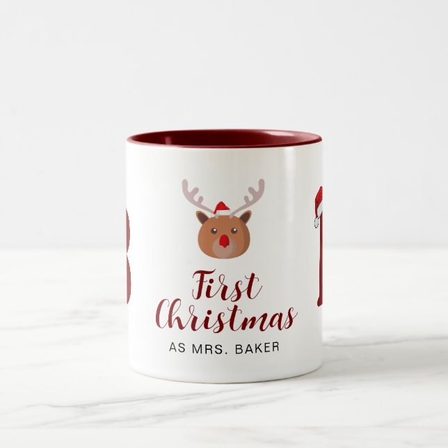 First Christmas As Mrs. Family Monogrammed Name Two-Tone Coffee Mug (Center)