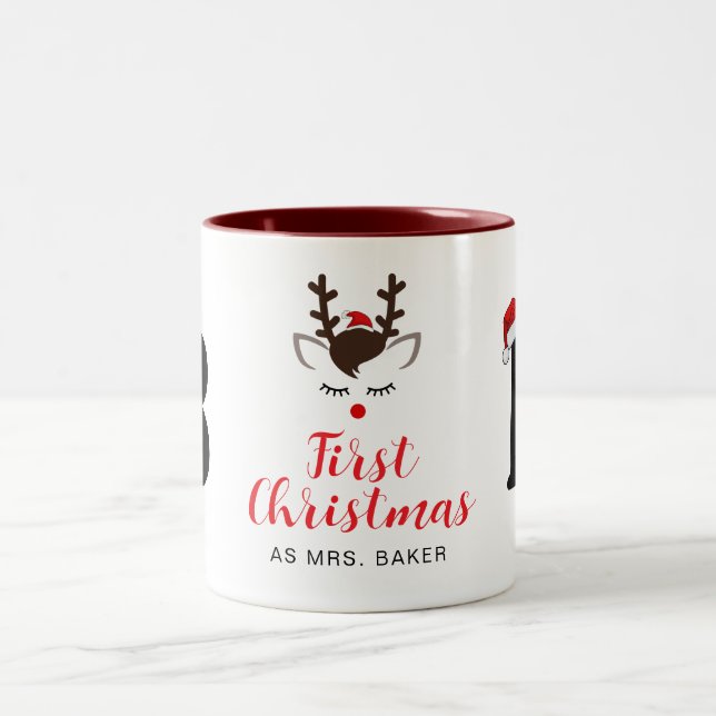 First Christmas As Mrs. Family Monogrammed Name Two-Tone Coffee Mug (Center)