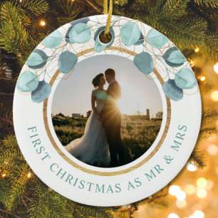 First Christmas As Mrs & Mrs Eucalyptus Gold Photo Ceramic Tree Decoration