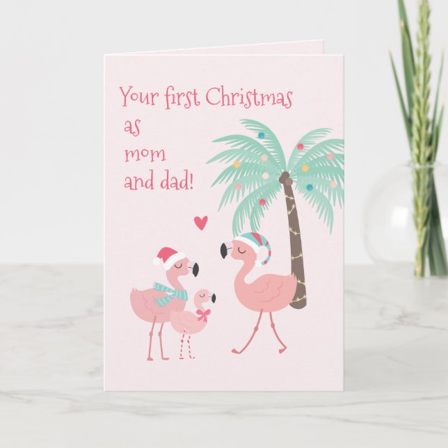 First Christmas as Mum and Dad Cute Santa Flamingo Card (Front)