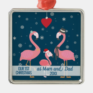 first Christmas as Mum and Dad flamingo snowflakes Metal Tree Decoration