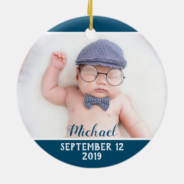 First Christmas as Mum blue with photo Ceramic Tree Decoration (Back)