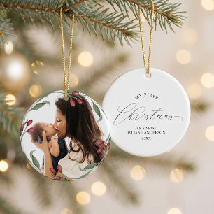First Christmas as Mum Christmas Botanical Wreath Ceramic Tree Decoration
