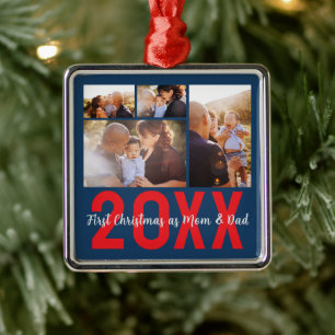 First Christmas as Mum & Dad Custom 4 Photo Metal Tree Decoration