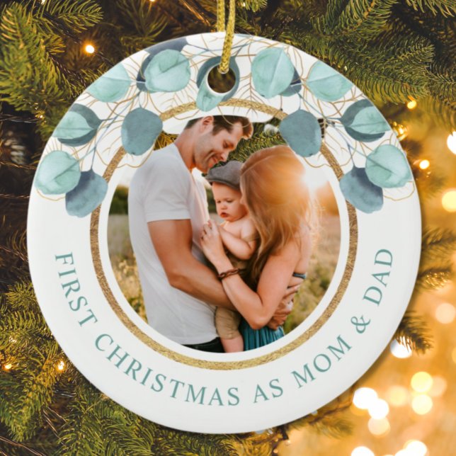 First Christmas As Mum & Dad Eucalyptus Gold Photo Ceramic Tree Decoration (Creator Uploaded)