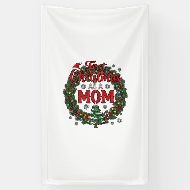 First Christmas As Mum Pine Wreath Tree Banner (Vertical)