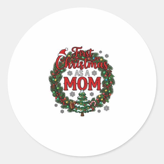 First Christmas As Mum Pine Wreath Tree Classic Round Sticker (Front)