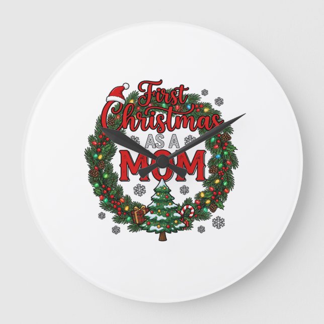 First Christmas As Mum Pine Wreath Tree Large Clock (Front)