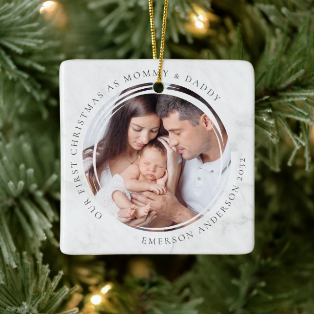 First Christmas as Mummy and Daddy Marble Photo  Ceramic Ornament (Tree)