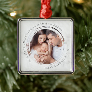 First Christmas as Mummy and Daddy Marble Photo Metal Tree Decoration
