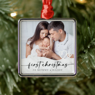 First Christmas as Mummy and Daddy Marble Photo  Metal Tree Decoration