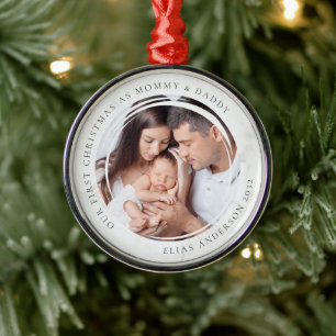 First Christmas as Mummy and Daddy Marble Photo  Metal Tree Decoration