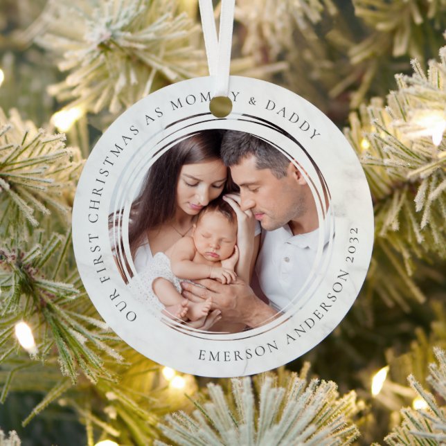First Christmas as Mummy and Daddy Marble Photo  Metal Tree Decoration (Insitu)