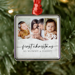 First Christmas as Mummy and Daddy Marble Photo  Metal Tree Decoration
