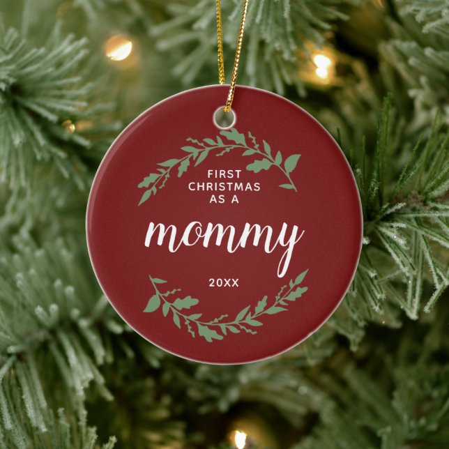 First Christmas As Mummy Personalised Red & Green Ceramic Tree Decoration (Tree)