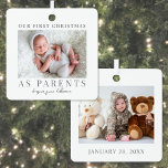 First Christmas As Parents Baby Photo Metal Tree Decoration<br><div class="desc">This square Christmas ornament is a simple and elegant way to celebrate your first holiday season as parents. It features a horizontal photo on each side, both framed with a clean white border around the edges for a polished look. On the front, "Our First Christmas As Parents" is written in...</div>