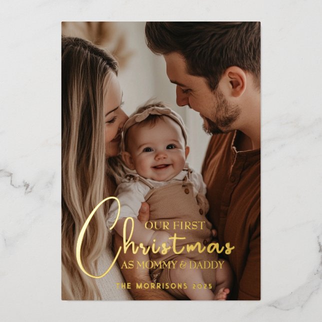 First Christmas as Parents Custom Photo Foil Holiday Card (Front)
