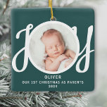 First Christmas As Parents Photo Green Keepsake Ceramic Ornament<br><div class="desc">This keepsake First Christmas As Parents photo ornament is decorated with the word JOY in stylish script typography on a green background. Easily customisable.</div>