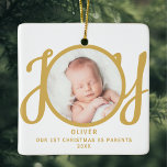 First Christmas As Parents Photo Keepsake Ceramic Ornament<br><div class="desc">This keepsake First Christmas As Parents photo ornament is decorated with the word JOY in gold,  stylish script typography on a white background. Easily customisable.</div>