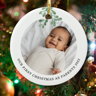 First Christmas As Parents Photo Mistletoe Ceramic Tree Decoration