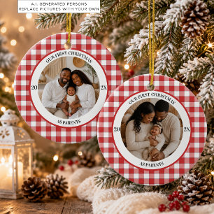 First Christmas as Parents Photos Red Gingham Ceramic Tree Decoration