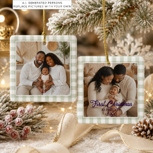 First Christmas as Parents Photos Sage Gingham Ceramic Ornament