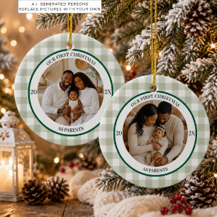 First Christmas as Parents Photos Sage Gingham Ceramic Tree Decoration