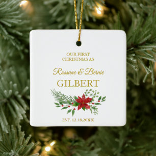 First Christmas As Quote With Poinsettias Design Ceramic Ornament